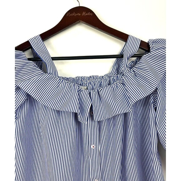 Janet Chung Womens Size L  Blouse Blue White Striped Off Shoulder Ruffle Top H2 - Picture 8 of 12